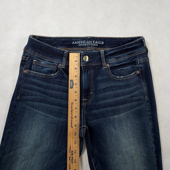 American Eagle Kick Boot Jeans Dark Wash Super Stretch Raw Hem 10 Long Womens - Picture 9 of 12
